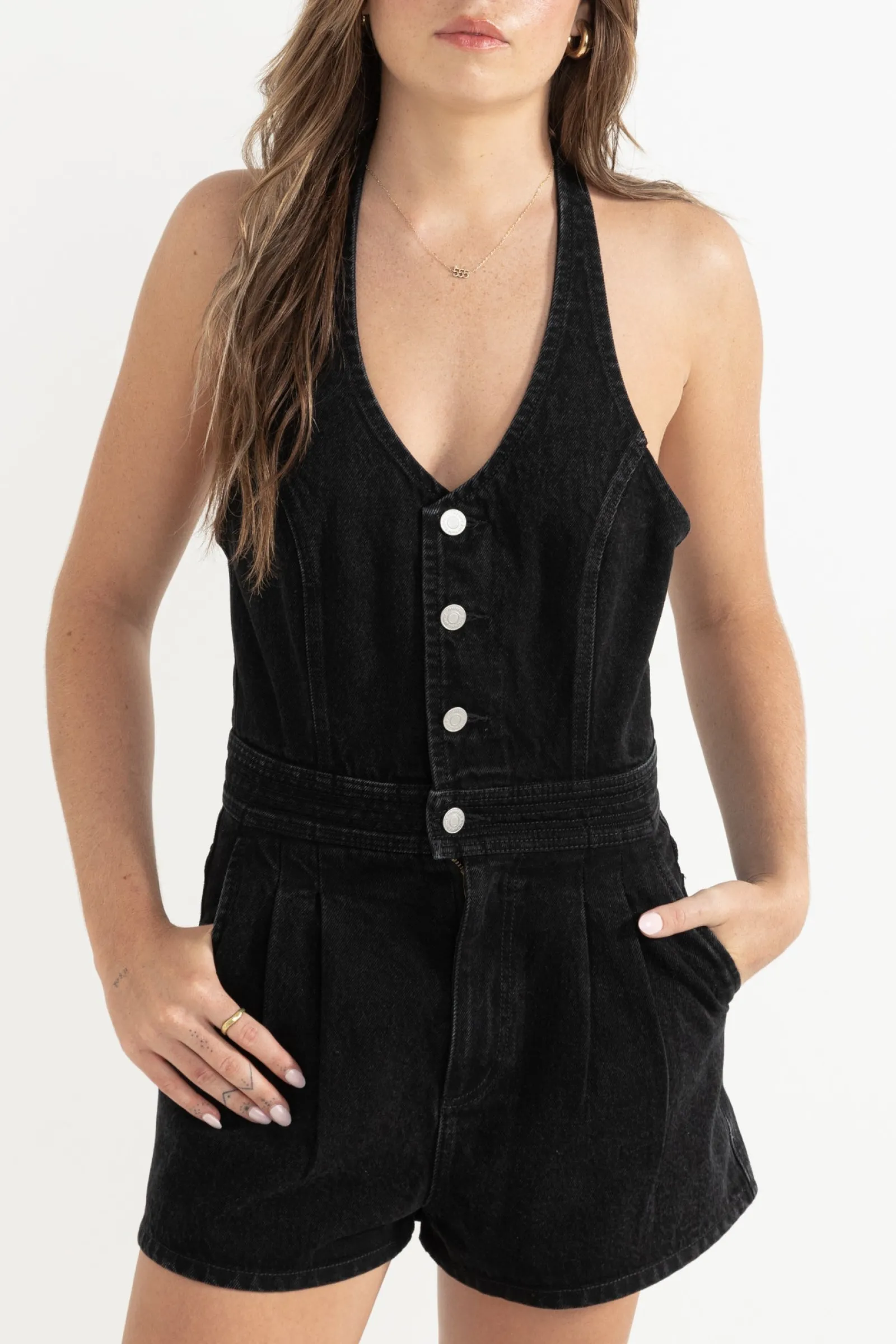 Rhythm Livin Cassy Halter Denim Romper Vintage Black-Women Playsuits