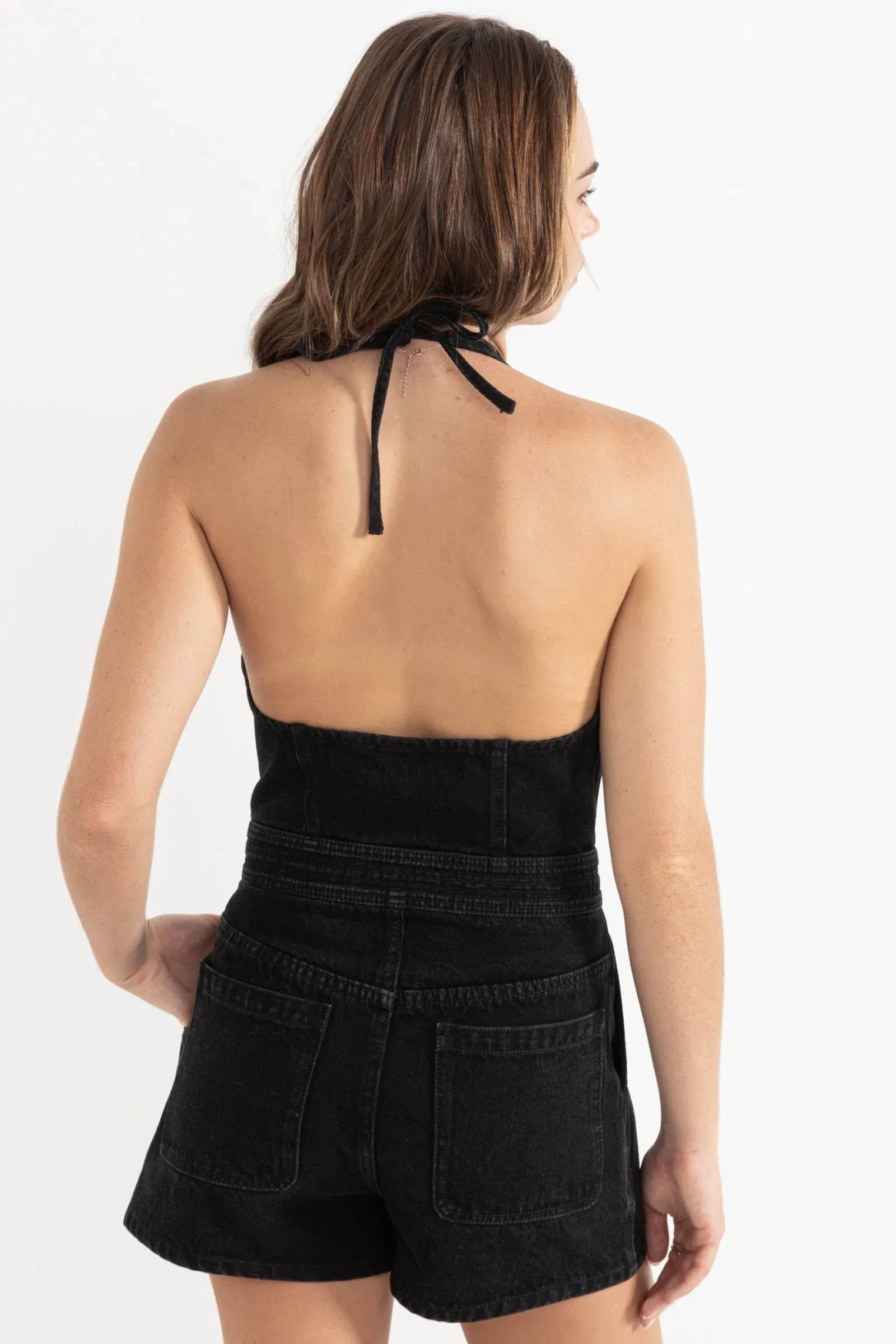 Rhythm Livin Cassy Halter Denim Romper Vintage Black-Women Playsuits