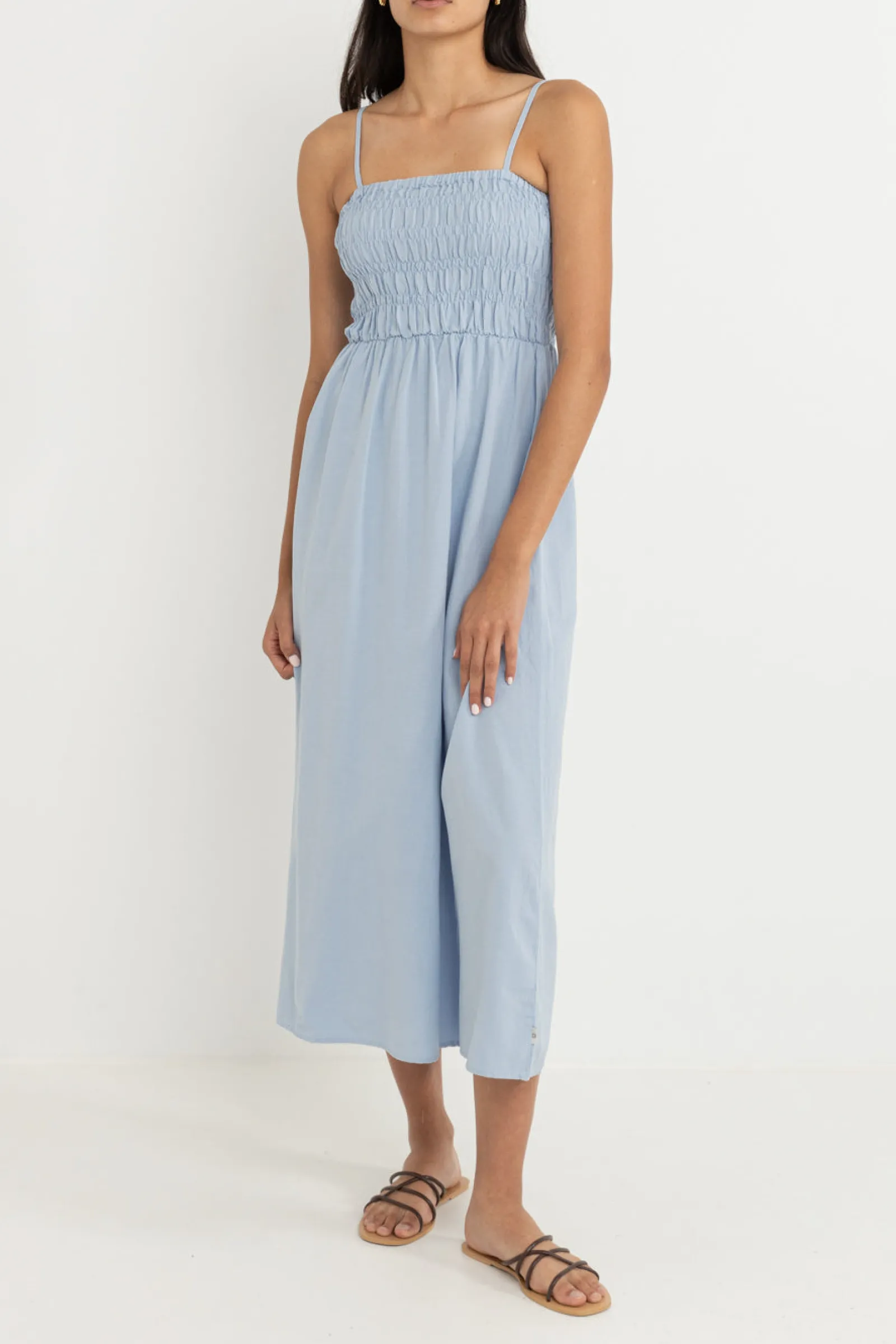 Rhythm Livin Classic Shirred Midi Dress-Women Dresses