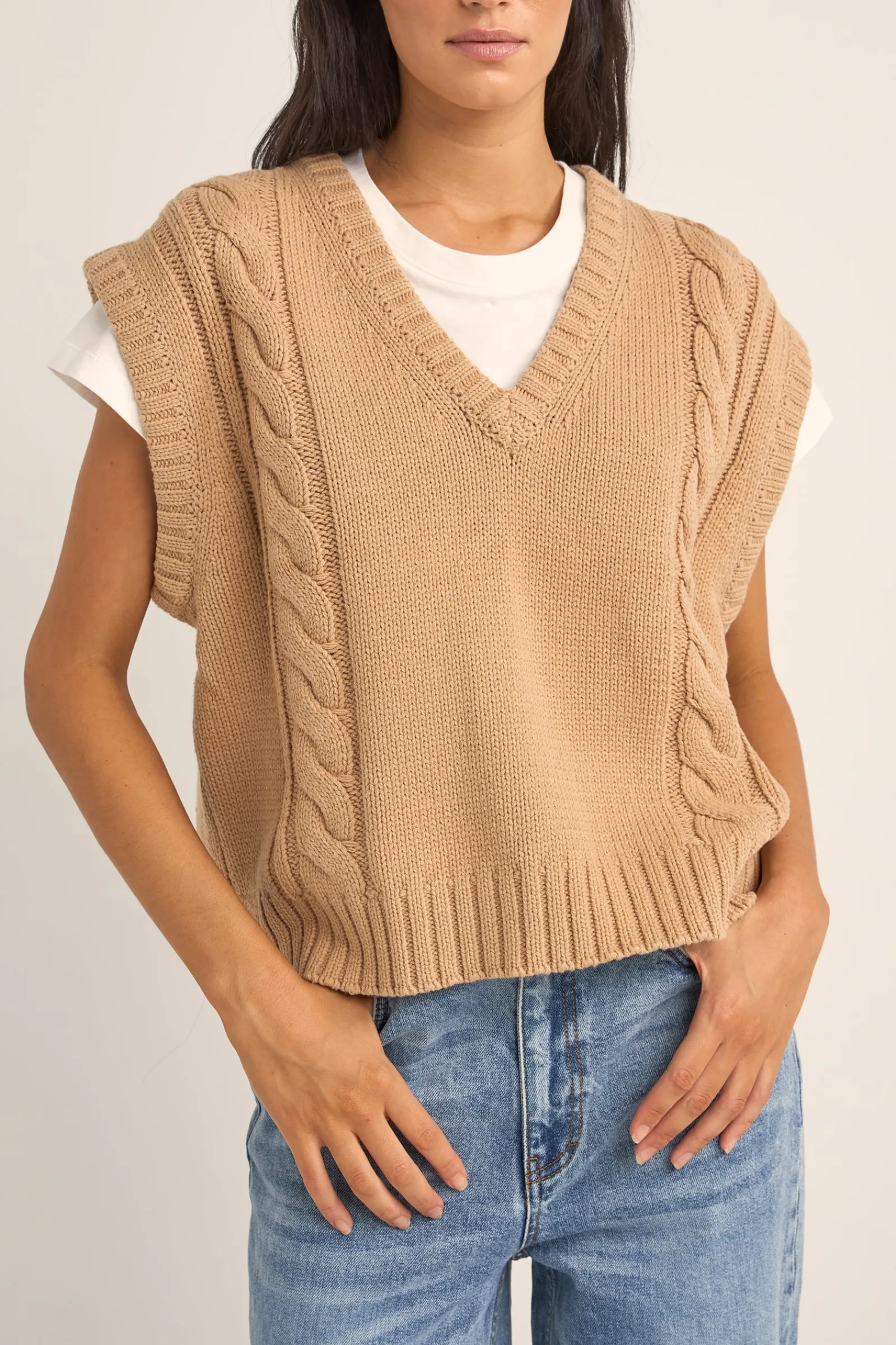 Rhythm Livin Finley Cable Knit Vest-Women Knits